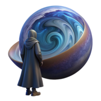 extraordinary rustic A solitary figure in a hooded cloak standing on a desolate, futuristic planet, gazing at a giant, swirling vortex in the sky. Fantasy art style 4K png