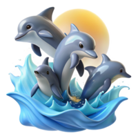 extraordinary rustic A playful group of dolphins leaping out of the ocean waves, illuminated by the bright midday sun, in a photorealistic style professional png