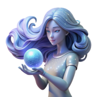 serene artistic A translucent, ethereal woman with flowing hair made of galaxies, holding a glowing orb, in a soft, dreamlike art style premium png