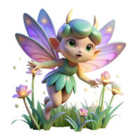 extraordinary traditional A playful pixie with iridescent wings, hovering above a field of wildflowers, lit by the soft glow of fireflies. Dreamlike style high resolution png