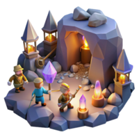 extraordinary minimalist A group of dwarves mining for gems in a dark cave, illuminated by glowing crystals and lanterns, in a realistic style premium png