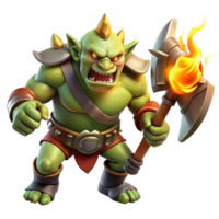 beautiful traditional A fierce orc warrior wielding a flaming battleaxe, charging into battle, illuminated by flickering torchlight, in a dynamic style genuine png