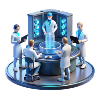 sbalorditivo astratto un' gruppo di scienziati Lavorando nel un' futuristico laboratorio, circondato di olografico viene visualizzato e Avanzate tecnologia. fotorealistico stile autentico png