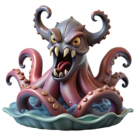 beautiful artistic A fearsome kraken rising from the depths of the ocean, its tentacles thrashing, in a terrifying, realistic style premium png