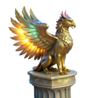 beautiful creative A majestic griffin with iridescent feathers, perched atop a crumbling marble pedestal, illuminated by a single shaft of golden light, in a hyperrealistic style premium png