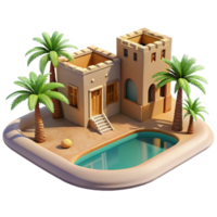 wonderful rustic A desert oasis with palm trees, a shimmering pool of water, and a traditional mud-brick building, bright midday sun. Desert landscape, peaceful atmosphere, realistic rendering premium png
