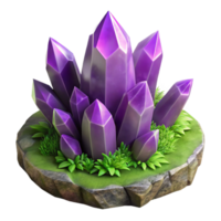 wonderful traditional A cluster of amethyst crystals sprouting from moss-covered rock, soft diffuse lighting, fantasy art style detailed png