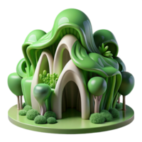 beautiful modern Organic architecture, flowing forms inspired by nature, verdant green materials, soft dappled light, dreamy illustrative style authentic png