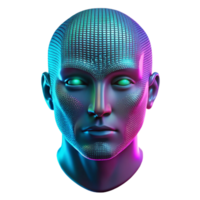 A cascading torrent of binary code forming the shape of a human face, illuminated by pulsing neon light in shades of turquoise and magenta. Synthwave style, abstract art png
