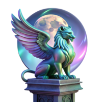 vibrant creative A majestic griffin with iridescent feathers, perched atop a crumbling marble pillar, lit by the ethereal glow of a full moon. Art Nouveau style authentic png