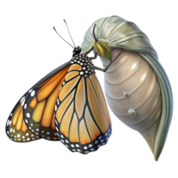 beautiful creative A monarch butterfly emerging from its chrysalis, wings still wet and crumpled, macro photography, soft lighting genuine png