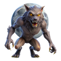 elegant classic A fierce werewolf transforming under the full moon, its fur bristling, in a terrifying, horror style high resolution png
