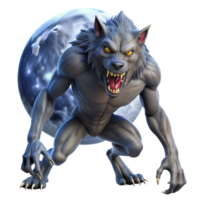 serene minimalist A fierce werewolf transforming under the full moon, its fur bristling, in a terrifying, horror style high quality png