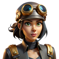 vibrant rustic A portrait of a steampunk woman, wearing goggles and a leather aviator cap, intricate clockwork arm visible, rim lighting, dramatic and mysterious authentic png
