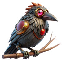 serene rustic Steampunk raven, metallic feathers, glowing red eyes, perched on a clockwork branch, dark and ominous lighting high quality png