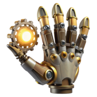 serene classic A steampunk robot hand with articulated fingers, intricate gears and wiring, reaching out, lit by a dramatic spotlight detailed png