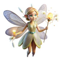 elegant creative A whimsical fairy with dragonfly wings, holding a glowing dandelion seed, surrounded by fireflies, lit by bioluminescent flora, in a whimsical style genuine png