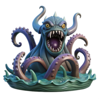 serene traditional A fearsome kraken rising from the depths of the ocean, its tentacles thrashing, in a terrifying, realistic style 4K png