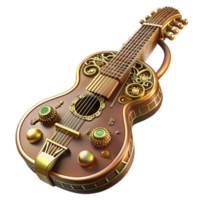 beautiful modern Steampunk guitar, intricate brass and wood design, glowing strings, held by a musician stage lighting, highly detailed, realistic authentic png