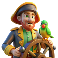 impressive contemporary A cartoon pirate with a parrot on their shoulder, standing at the helm of a ship, the warm glow of a sunset illuminating the ocean, drawn in a classic cartoon style authentic png