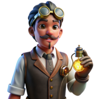 serene modern A portrait of a steampunk inventor in a velvet waistcoat and goggles, holding a complex device with glowing wires, lit by a flickering candlelight exclusive png