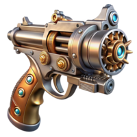 dramatic creative A steampunk pistol, intricately engraved, with exposed gears and pipes, gleaming metallic finish, dramatic spotlighting, realistic style detailed png