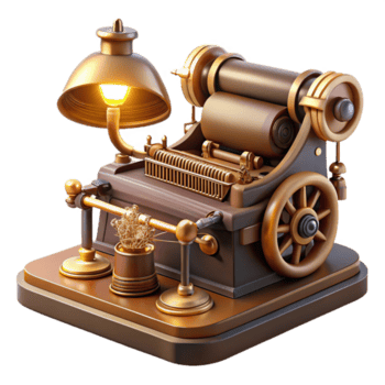 dramatisch rustiek een steampunk schrijfmachine met messing sleutels, ingewikkeld versnellingen, en een scrollen papier voer, zittend Aan een gepolijst houten bureau, lit door een bureau lamp hoog resolutie png