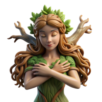 impressive classic A graceful dryad with bark-like skin and flowing vines for hair, embracing a giant oak tree, bathed in dappled sunlight. Pre-Raphaelite style original png