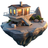 impressive artistic A floating, modular home anchored to a rocky island, sunset lighting, architectural visualization original png