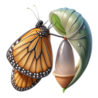 stunning artistic A monarch butterfly emerging from its chrysalis, wings still wet and crumpled, macro photography, soft lighting high resolution png