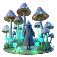 magnificent vintage A mysterious, cloaked figure walking through a field of glowing, bioluminescent mushrooms, lit by moonlight, in a whimsical, fairytale style genuine png