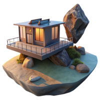 magnificent vintage A floating, modular home anchored to a rocky island, sunset lighting, architectural visualization authentic png