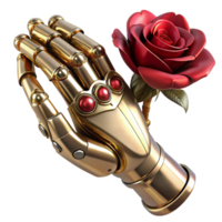vibrant modern A close-up of a steampunk robotic hand, crafted from polished brass and steel, delicately holding a single red rose. Soft, diffused lighting, Art Deco style, photorealistic rendering 4K png