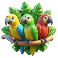 impressive abstract A group of colorful parrots perched on a branch, vibrant jungle lighting, cartoon style genuine png