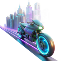 elegant artistic A futuristic motorcycle speeding through a deserted, neon-lit cityscape, leaving trails of light in its wake. Cyberpunk style high resolution png