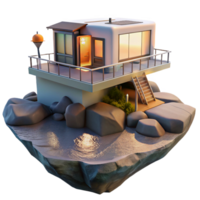 elegant contemporary A floating, modular home anchored to a rocky island, sunset lighting, architectural visualization high quality png