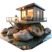 impressive creative A floating, modular home anchored to a rocky island, sunset lighting, architectural visualization high resolution png