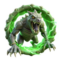 magnificent minimalist A monstrous, multi-eyed beast with razor-sharp claws emerging from a swirling portal of shadows. Lit by flashes of green lightning, depicted in a biomechanical, horror style 4K png