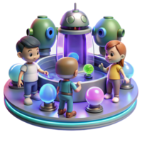 beautiful classic A group of children playing with robotic pets in a futuristic park, illuminated by soft, colorful lights. Cartoon style high quality png