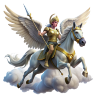 extraordinary modern A regal valkyrie with winged helmet and spear, riding a winged horse through a stormy sky. Dramatic, dynamic lighting. Norse mythology style high quality png