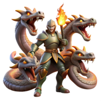 impressive creative A courageous knight battling a monstrous three-headed hydra, illuminated by firelight, in a dynamic and realistic style genuine png