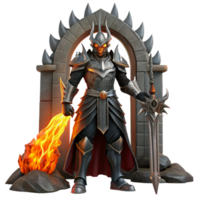 serene vintage A towering, demonic knight clad in black armor, wielding a flaming greatsword, standing before a gate to hell, illuminated by infernal fire. Wayne Barlowe, dark fantasy, epic exclusive png