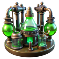 serene traditional A mysterious steampunk laboratory filled with bubbling beakers, glowing tubes, and strange contraptions, lit by an eerie green light in a gothic style authentic png