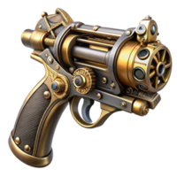 stunning vintage A steampunk pistol, intricately engraved, with exposed gears and pipes, gleaming metallic finish, dramatic spotlighting, realistic style original png