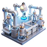 beautiful artistic A group of robots working in a futuristic factory, assembling complex machinery, illuminated by the bright, white light of industrial lamps. Industrial science fiction style genuine png