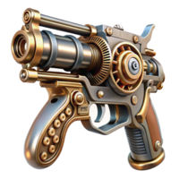 impressive traditional A steampunk pistol, intricately engraved, with exposed gears and pipes, gleaming metallic finish, dramatic spotlighting, realistic style high quality png