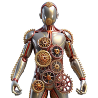 beautiful traditional A human figure composed entirely of interconnected gears and wires, standing in a desolate, industrial landscape, lit by a flickering, neon sign. Steampunk style 4K png