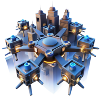 elegant abstract A swarm of autonomous drones forming a complex, evolving geometric pattern in the sky, illuminated by the warm glow of city lights below. Futuristic style, aerial photography 4K png