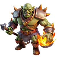 deslumbrante artístico uma feroz orc Guerreiro com pesado armaduras e uma ameaçador Machado, cobrando para dentro batalha, iluminado de a fogosa brilho do uma queimando Vila. Sombrio fantasia estilo Alto qualidade png