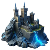 serene traditional An imposing medieval castle built on a rocky precipice, lit by dramatic lightning strikes, dark fantasy art style authentic png